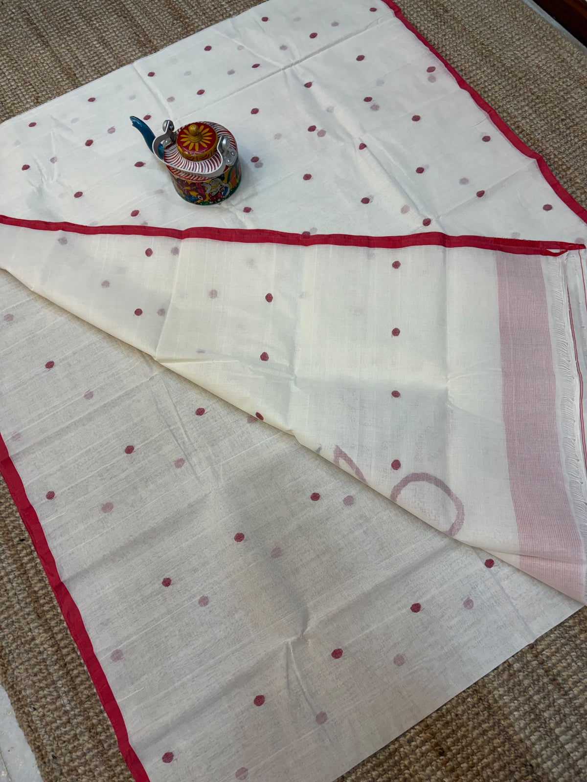 Puja special white red cotton tant jamdani saree needle work