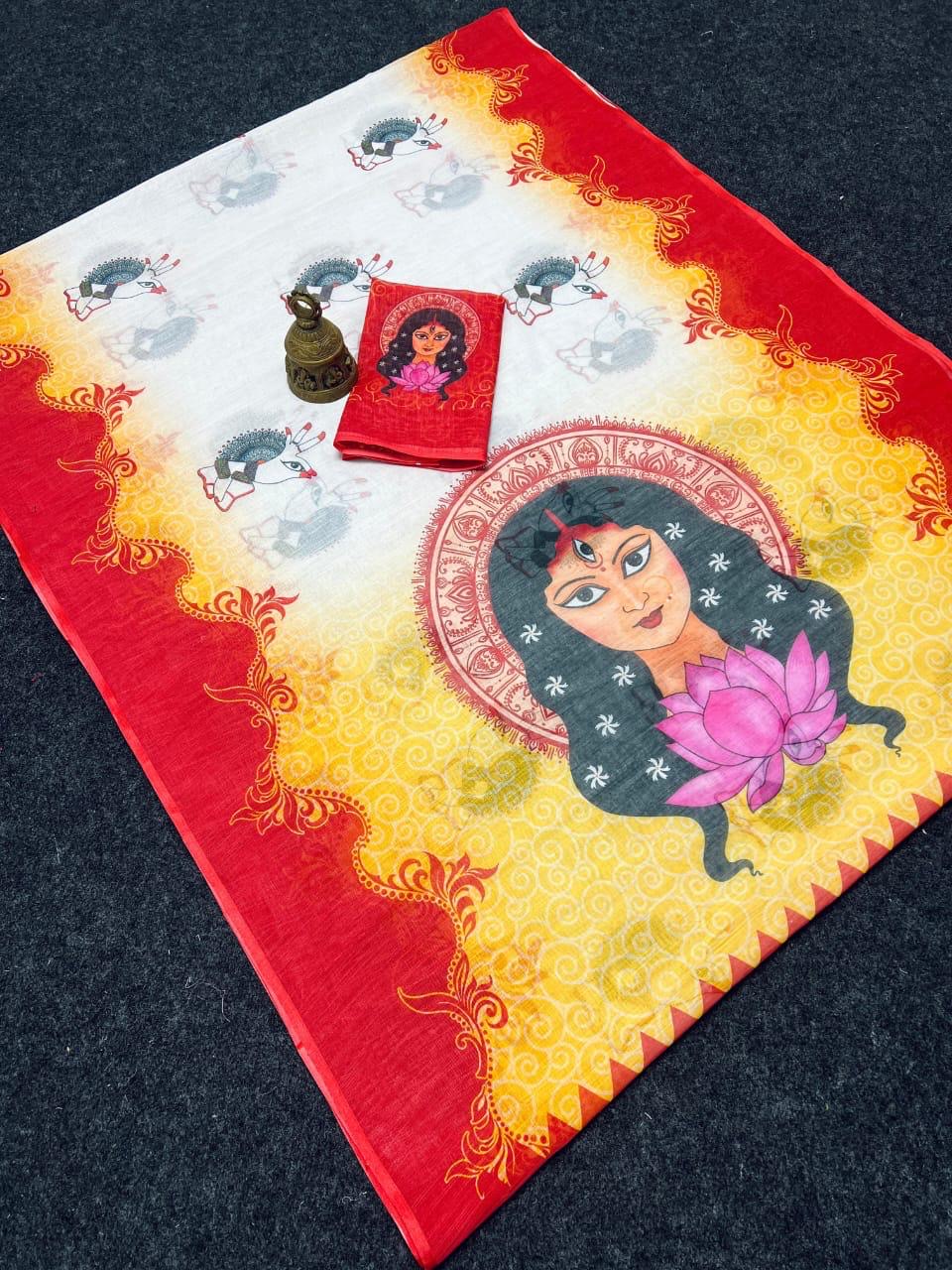 Linen Digital Print Saree puja motif - Trinayani