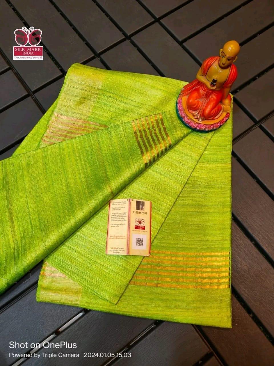 Single dye zari border gicha tussar silk saree silk mark certified - Fluorescent green - Tussar saree