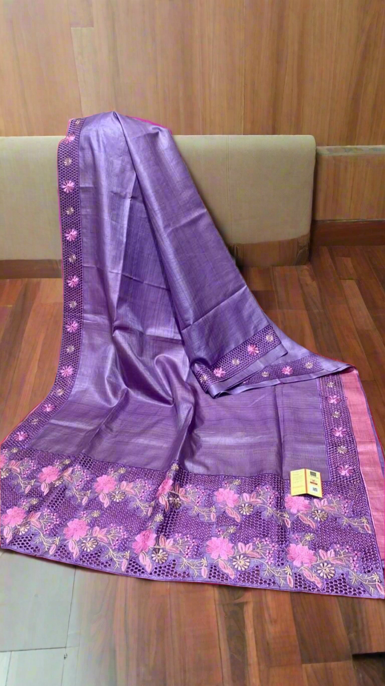 Cutwork border embroidery tussar silk saree silk mark certified - Purple