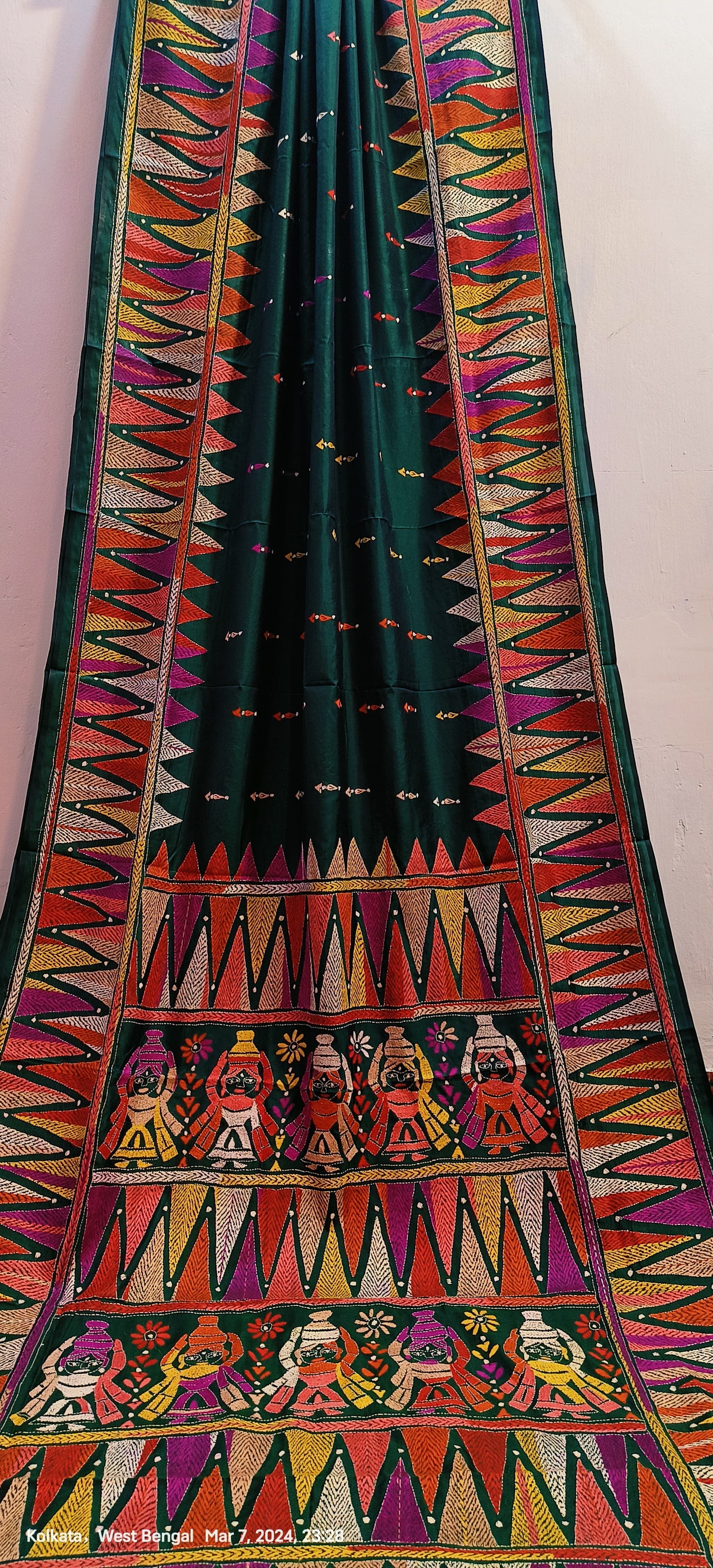 Bottle green kantha stitch on blended Bangalore silk