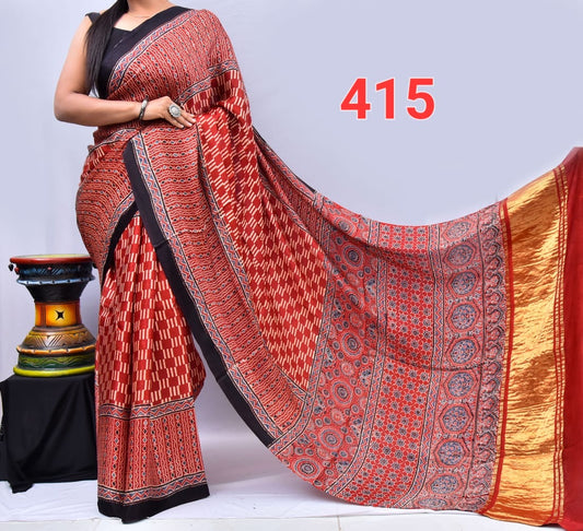 Natural dyed Modal silk saree with ajrakh print and lagdi patta on pallu