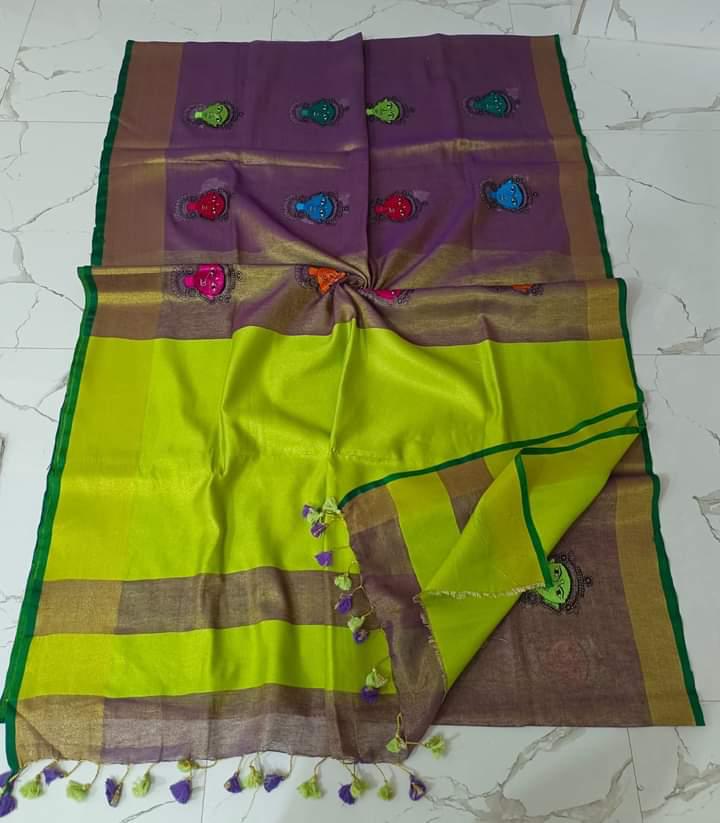 Tissue linen embroidery saree - Brown