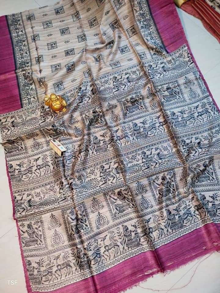 Tussar gicha screen printed silk saree silk mark certified