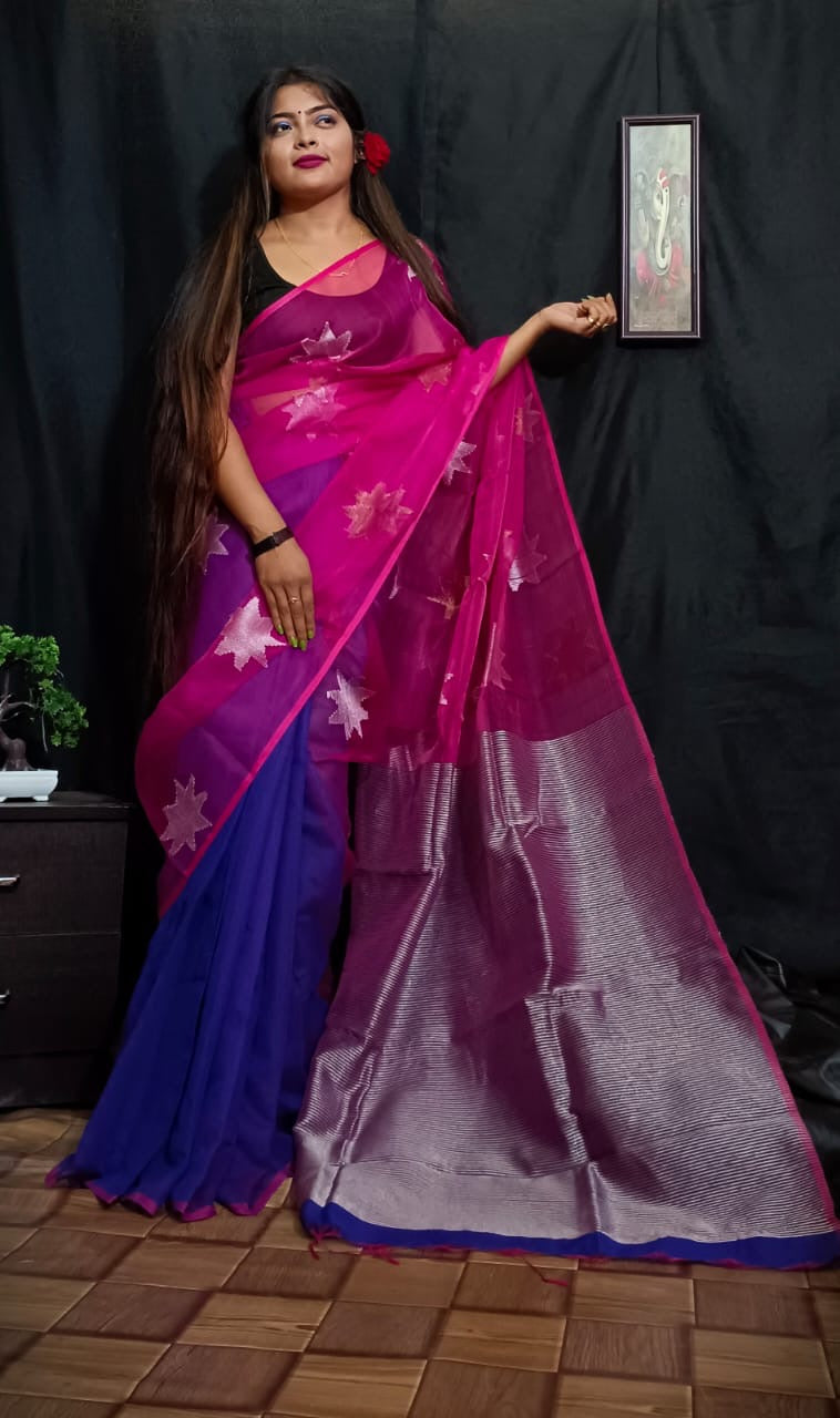 Cotton silk handloom saree star motif