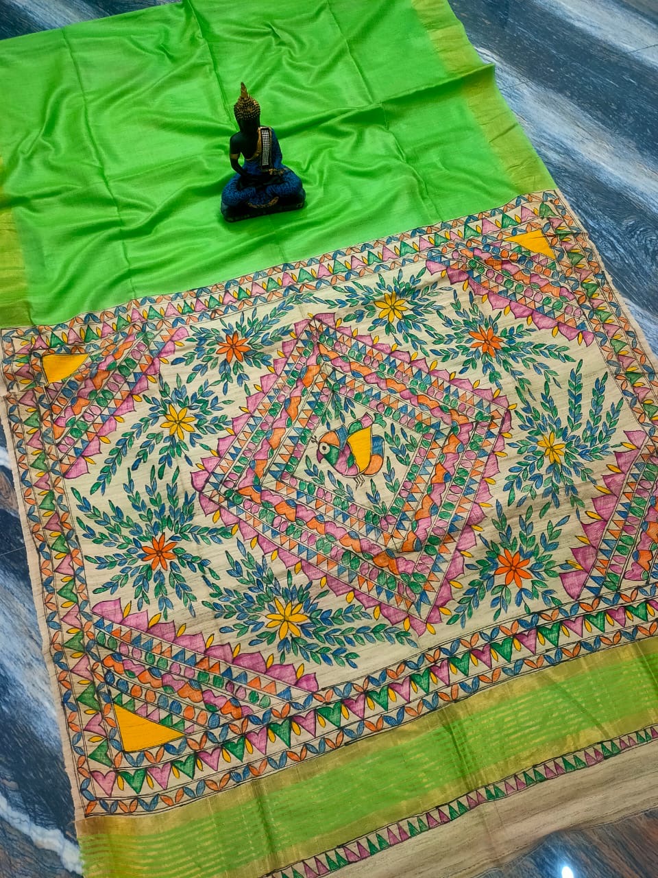 Tussar staple madhubani hand painting pallu silk saeee - Green - Tussar saree