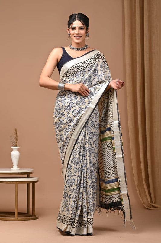 Hand block print linen saree