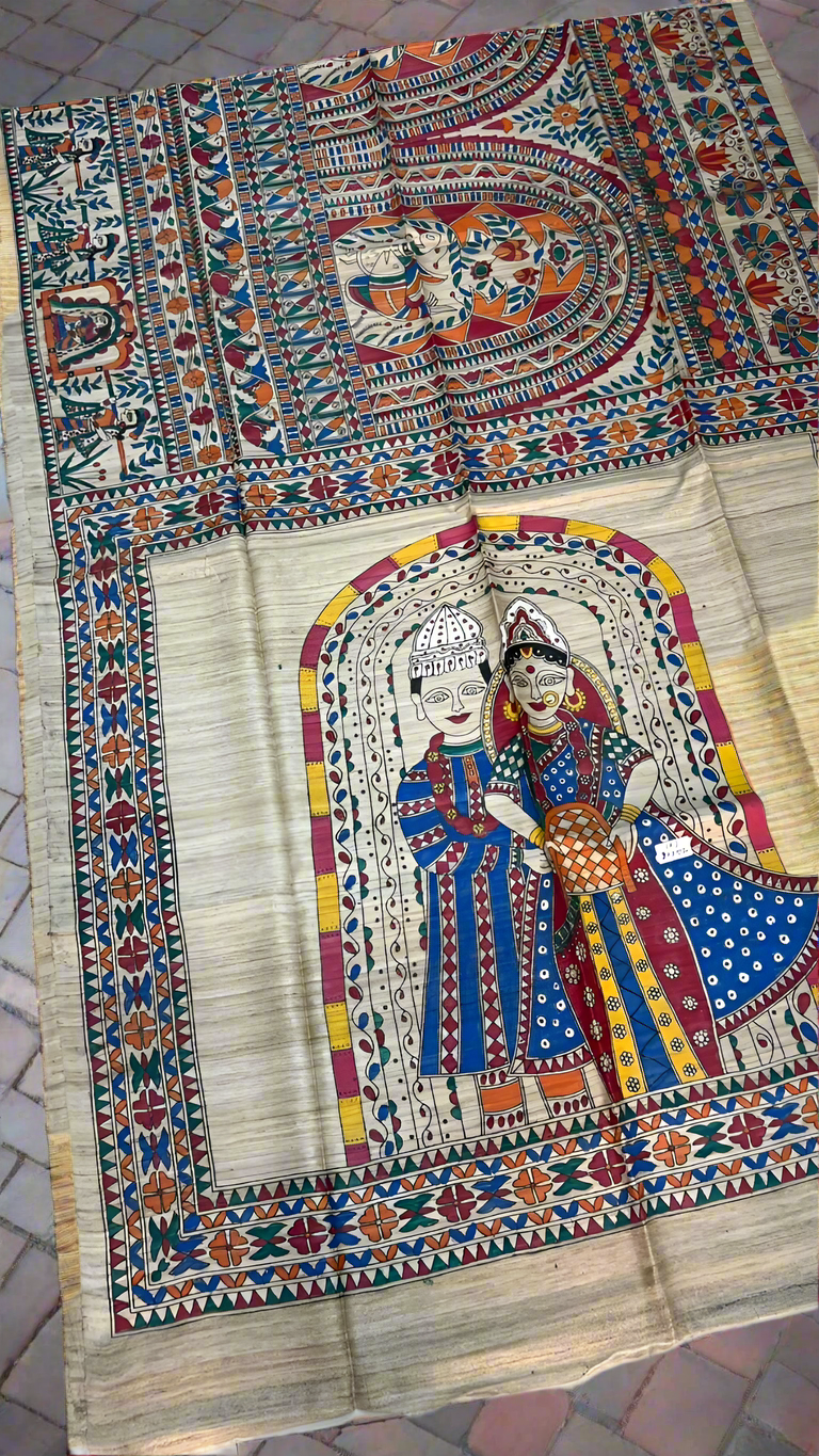 Madhubani Hand Painted Tussar Saree with Bibaho Motif Silk Mark Certified