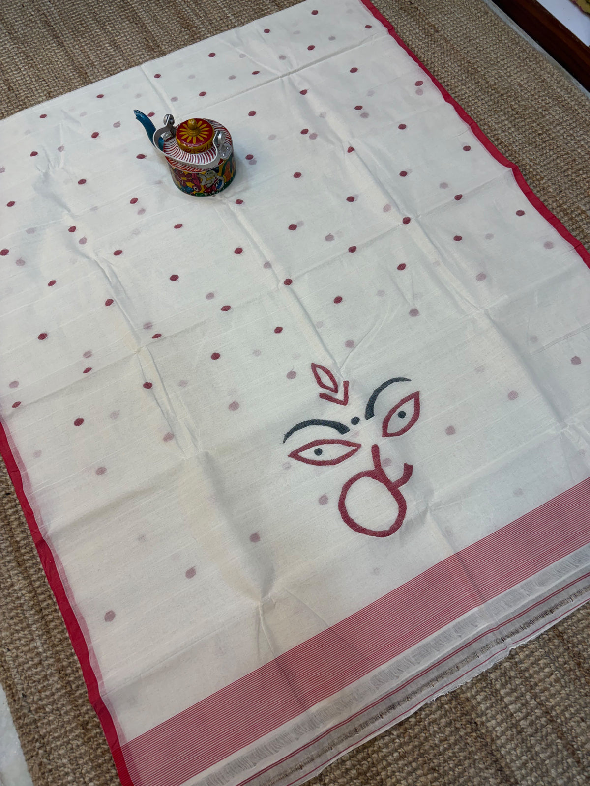 Puja special white red cotton tant jamdani saree needle work