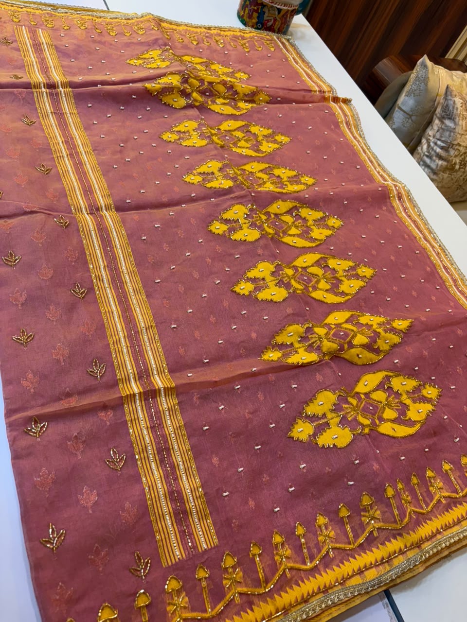 Cutdana work on Bengal origin soft dhakai jamdani sare, Double bit work