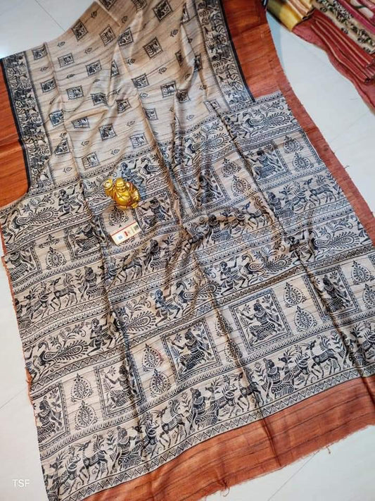 Tussar gicha screen printed silk saree silk mark certified