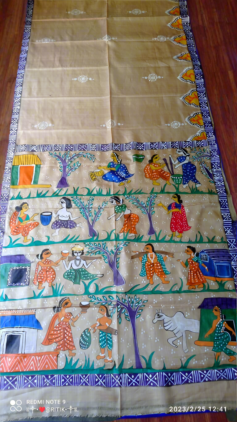 Madhubani hand painting on desi tussar silk saree silk mark certified, village life art on saree