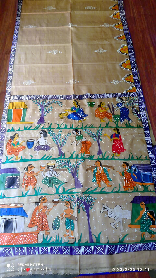 Madhubani hand painting on desi tussar silk saree silk mark certified, village life art on saree