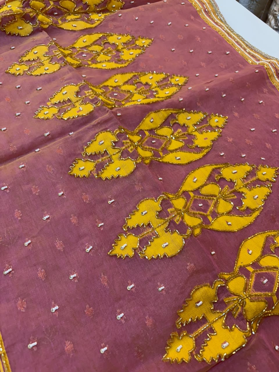Cutdana work on Bengal origin soft dhakai jamdani sare, Double bit work