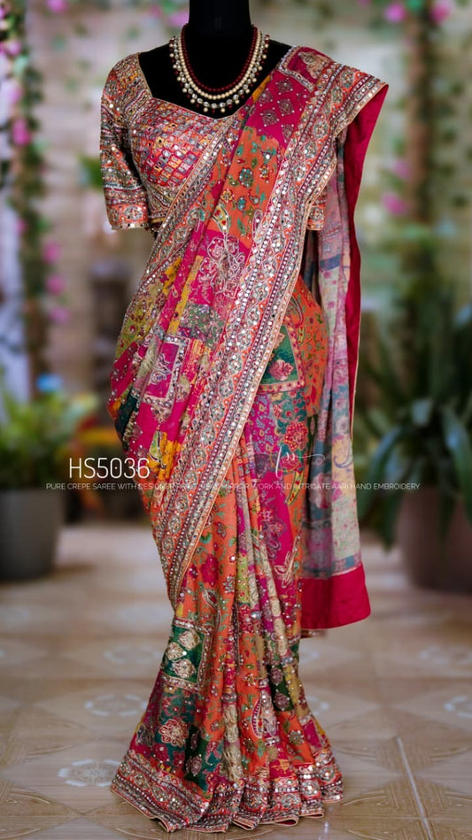 Celeb inspired chinnon silk saree , A Royal collection, stitched blouse