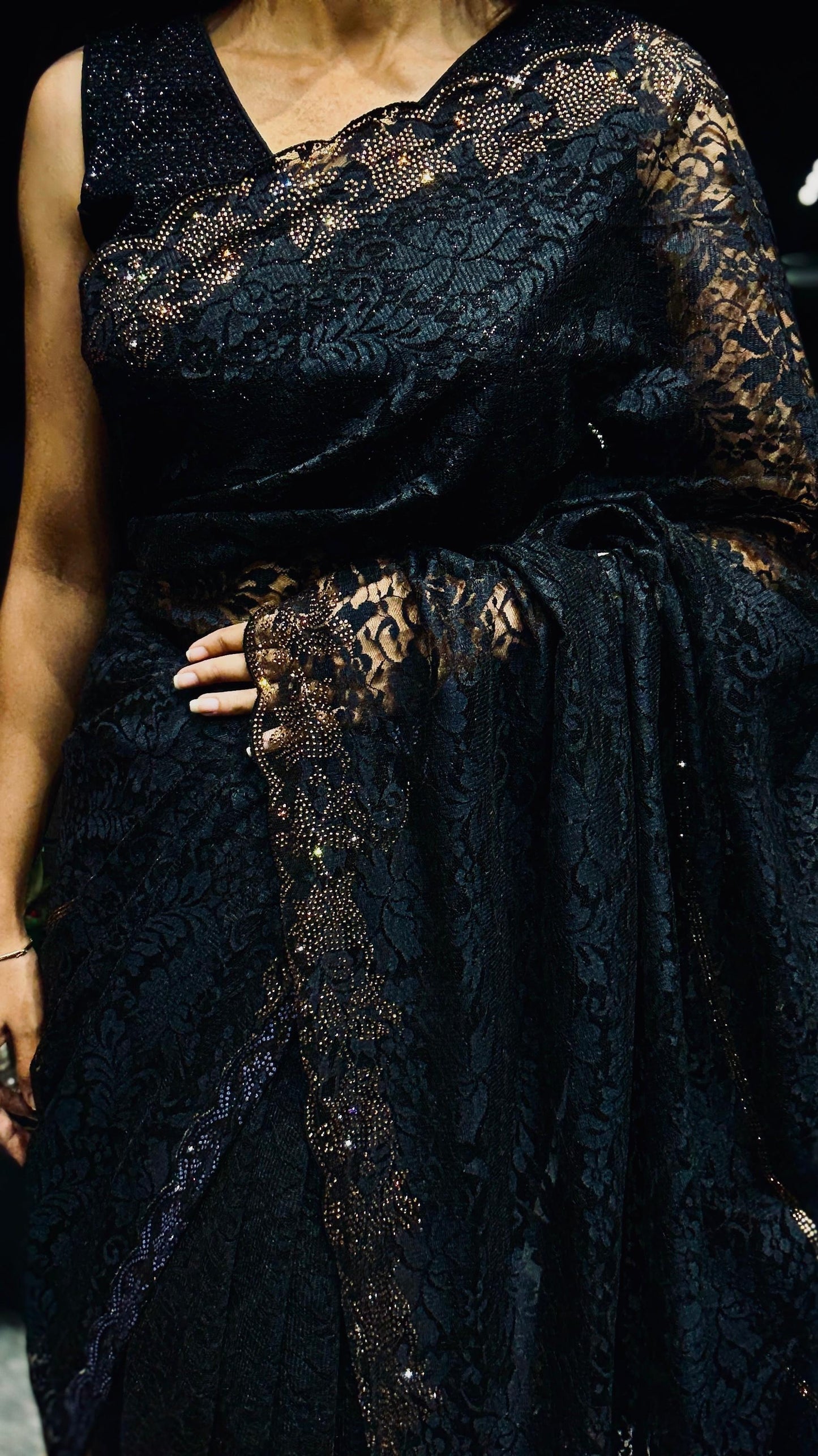 Black Coloured Lace Saree with Scallop Border