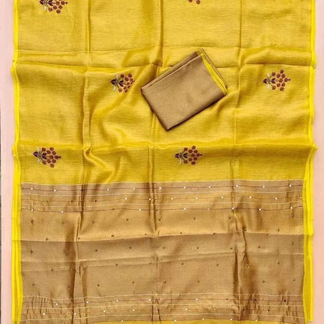 Tissue linen saree with handwork on saree - Yellow - Linen Saree