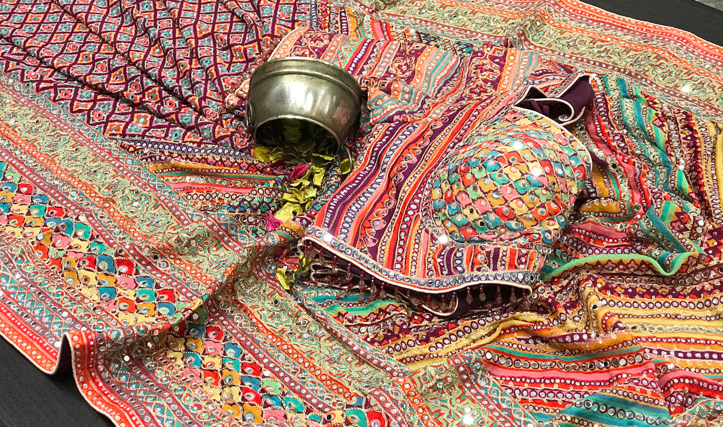 Trending viral Chinnon saree , Ajrakh with mirror work and antique stones with stitched blouse