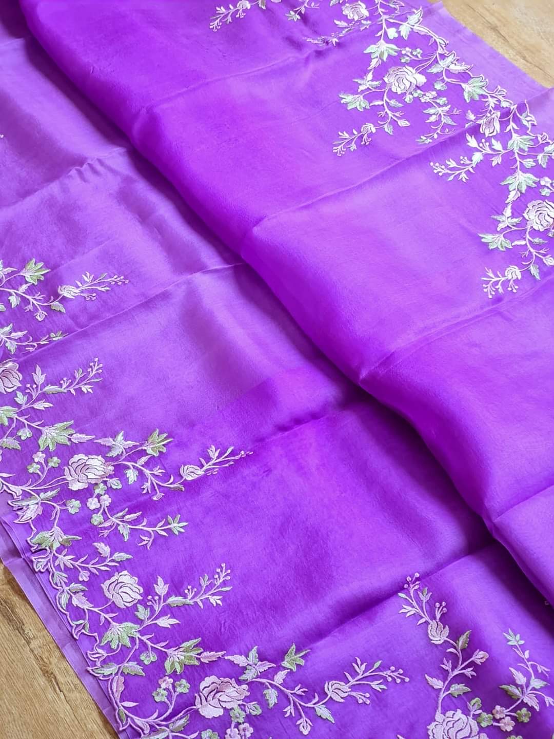 Organza saree with embroidery work - Purple - organza