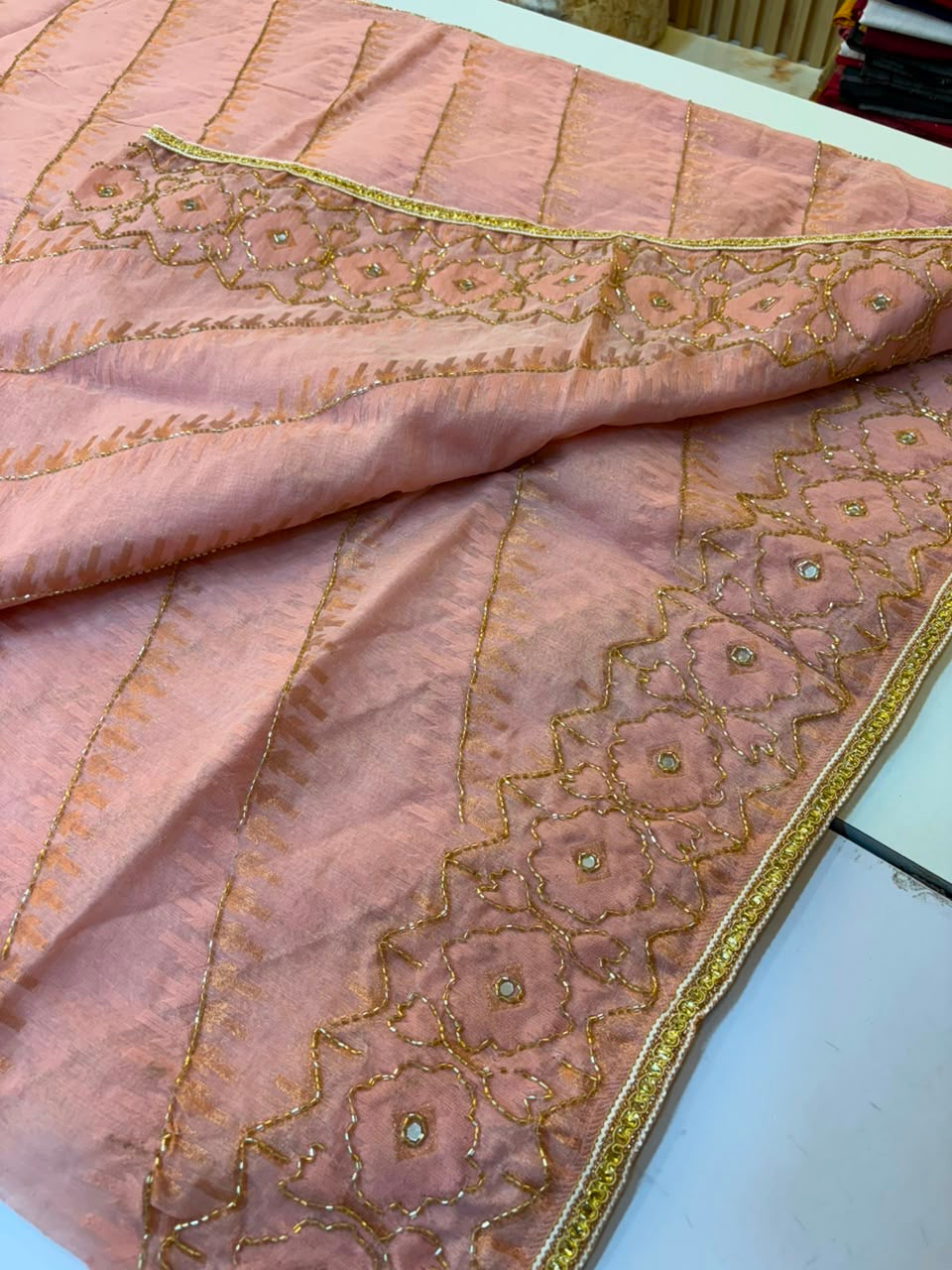 Kardana worked dhakai jamdani trending peach colour