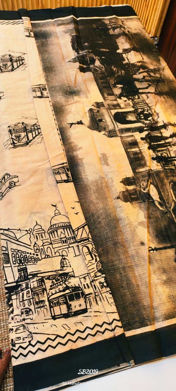 Putul's Fashion White Saree with Kolkata Victoria Print Screen Print Design