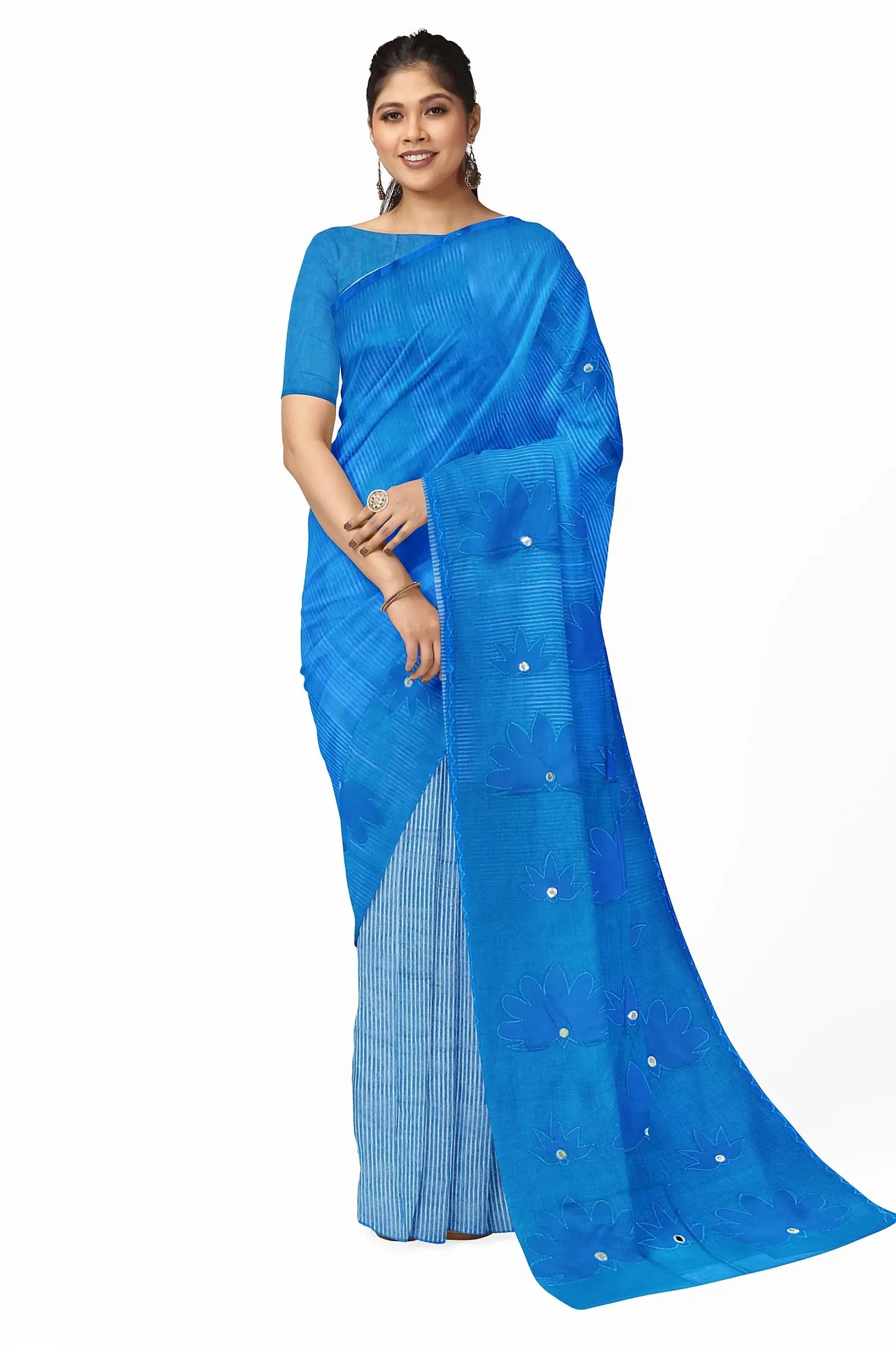 Applique saree on noyel fabric sky Putul's fashion