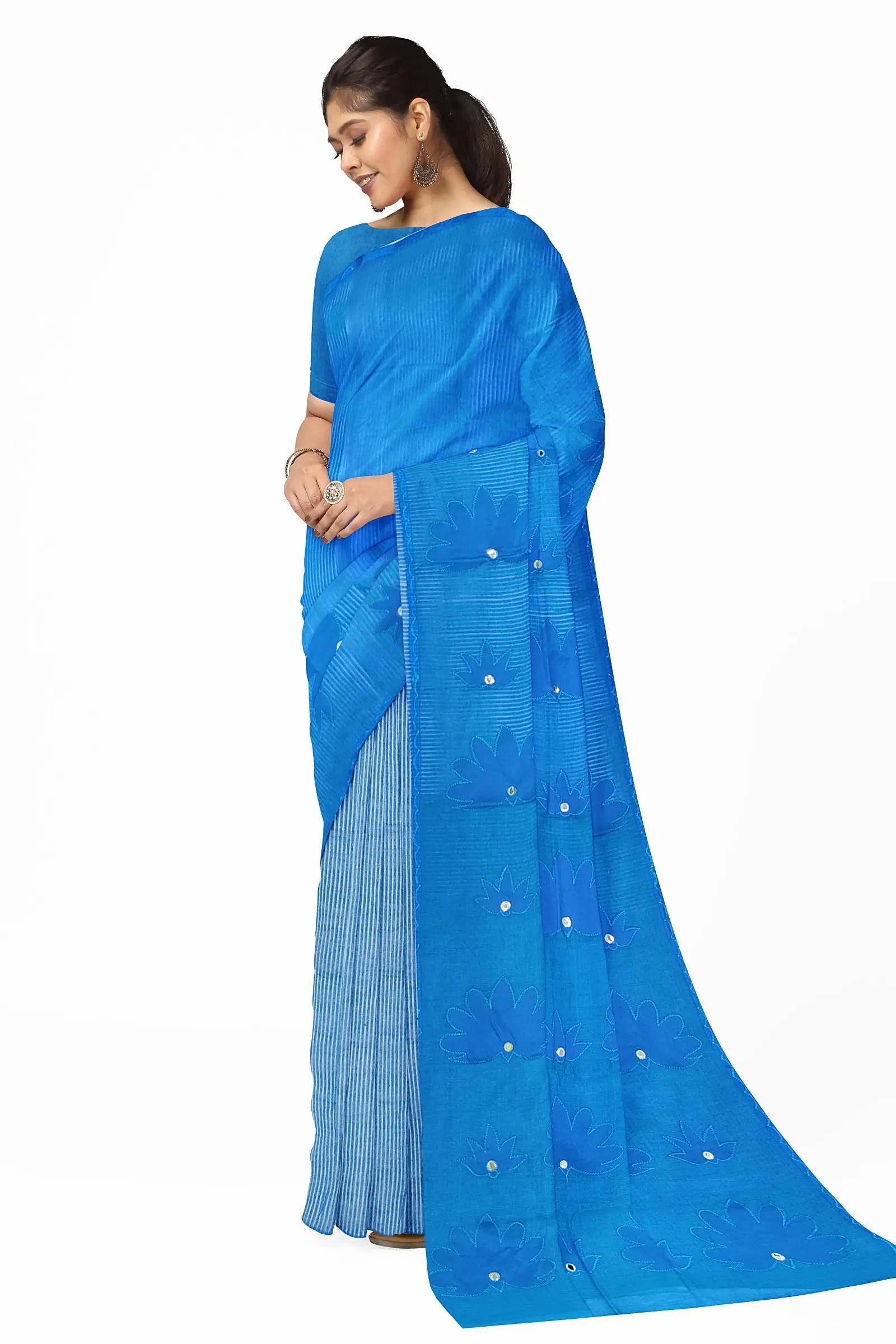 Applique saree on noyel fabric sky Putul's fashion