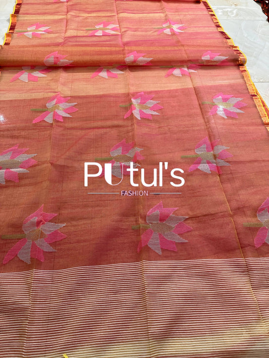 Peach coloured dual tone hand weaving Bengal Muslin saree of handweaving lotus