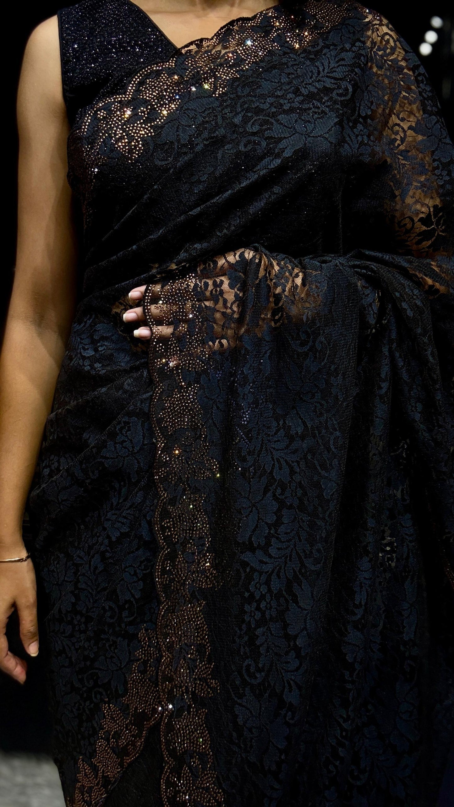 Black Coloured Lace Saree with Scallop Border