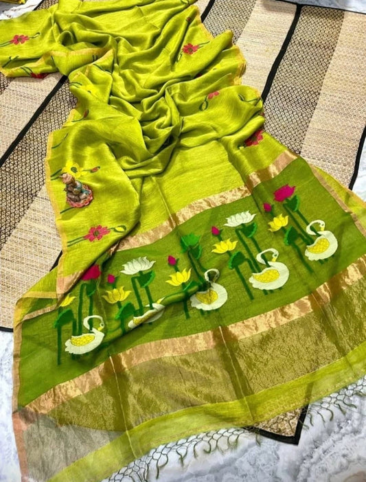 Silk linen jamdani saree lotus motif