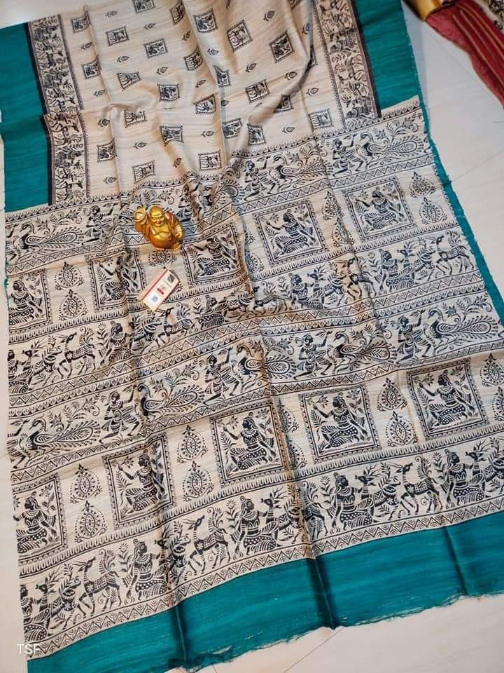 Tussar gicha screen printed silk saree silk mark certified