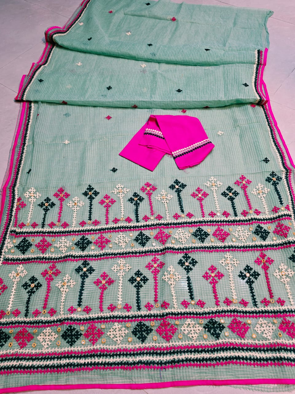 Hand Gujarati work on Resham kota saree