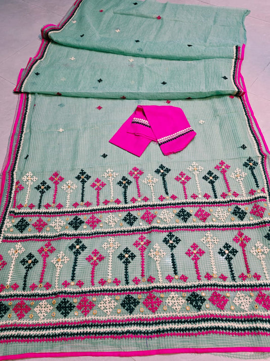 Hand Gujarati work on Resham kota saree