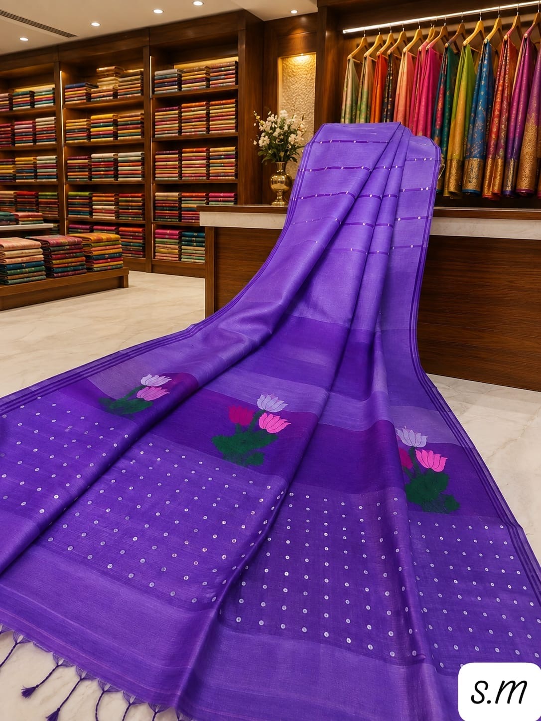 Trending silk linen jamdani saree with sequins work on pallu