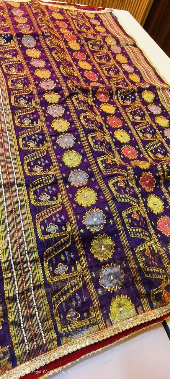 Handmade karchupi work on mercerised cotton jamdani saree
