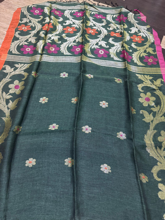 Ganga yamuna Linen jamdani saree of Puja, mehendi green