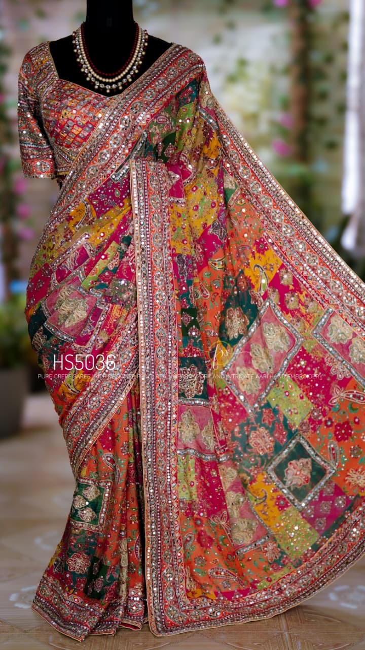 Celeb inspired chinnon silk saree , A Royal collection, stitched blouse