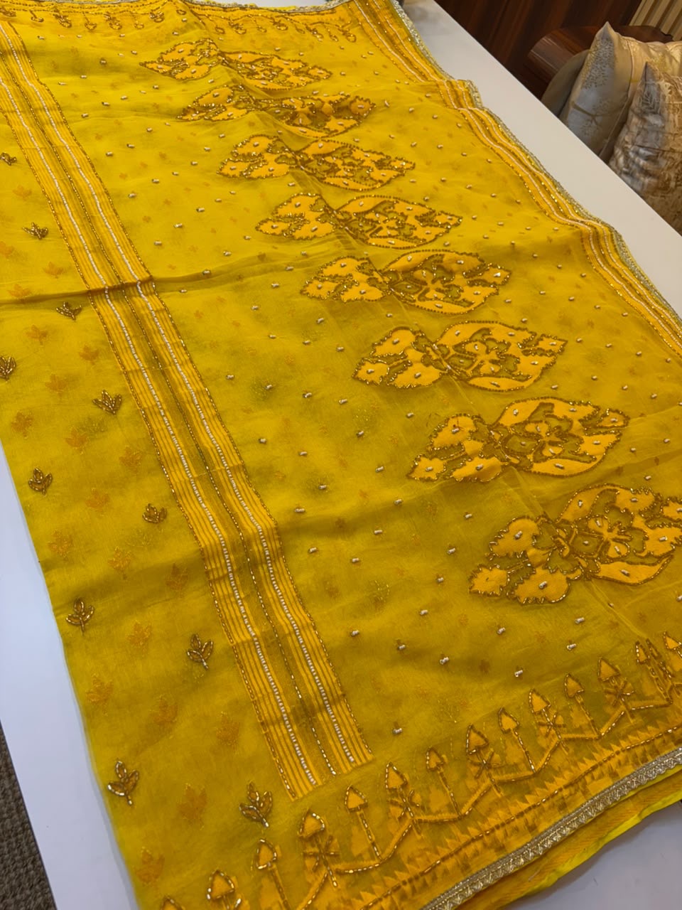 Cutdana work on Bengal origin soft dhakai jamdani sare, Double bit work