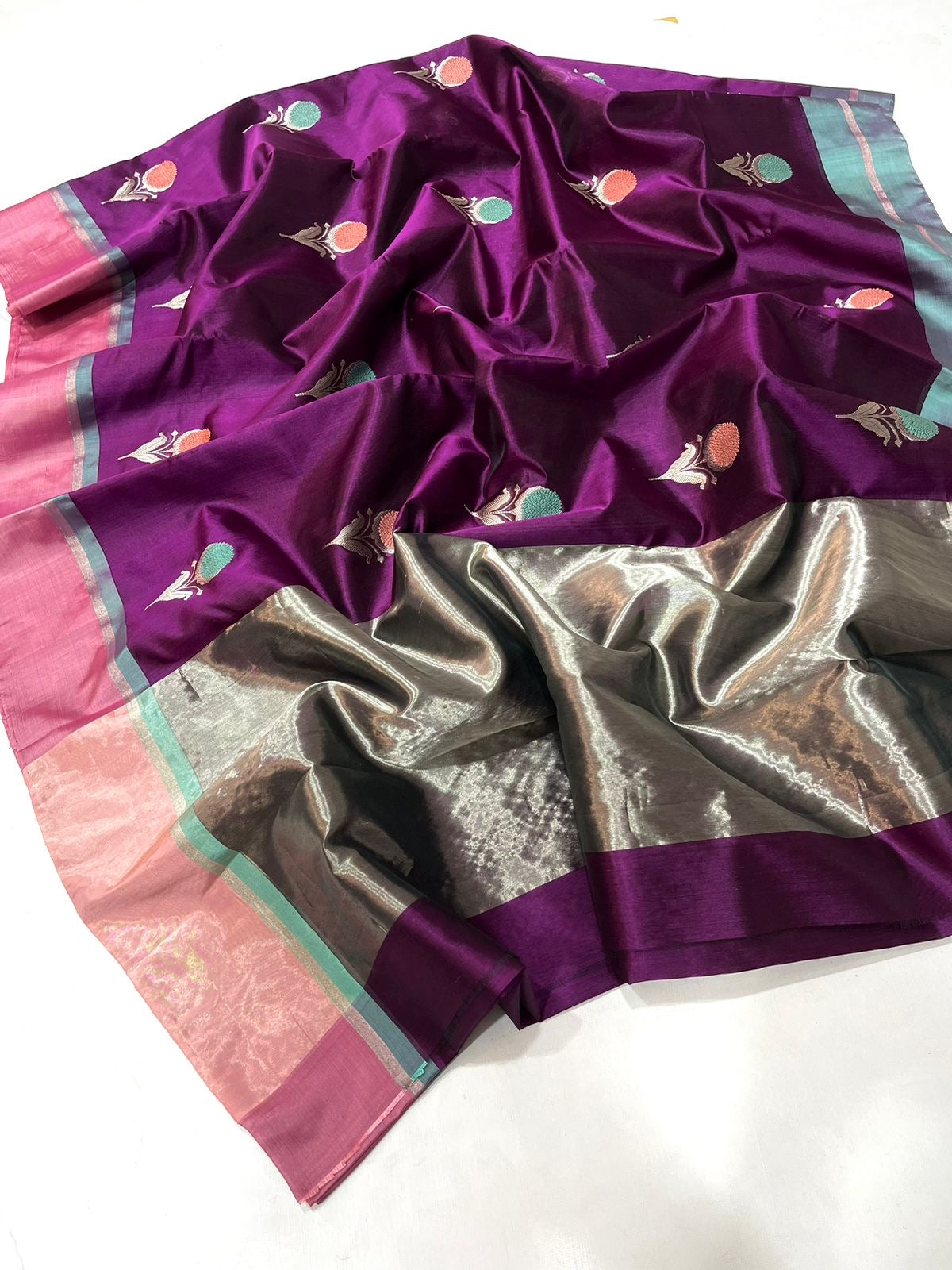 Wine coloured Kerala Pattu Tissue Saree with minakari kadwa butta Resham border and zari pallu