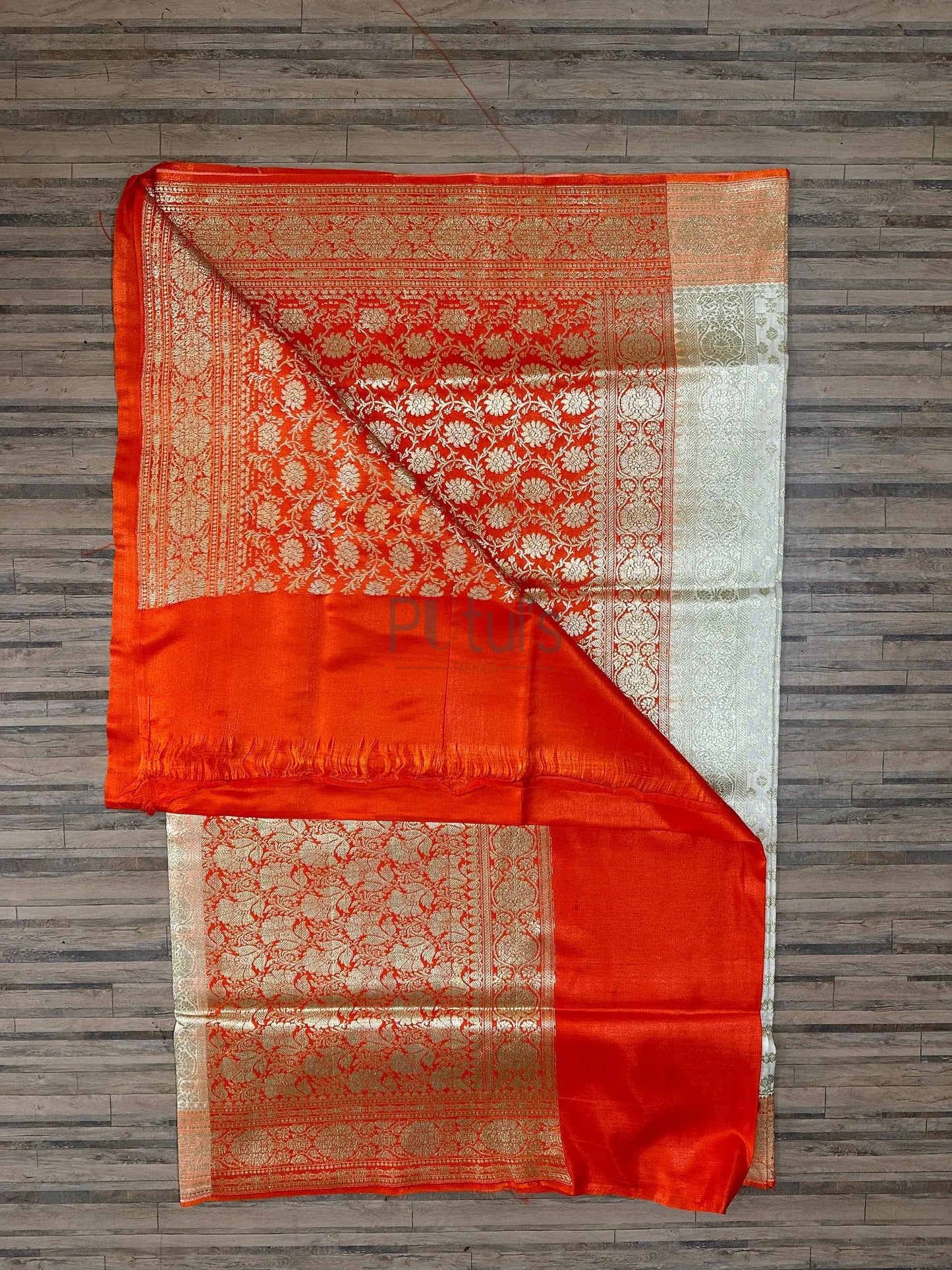 Banarasi katan silk white orange Putul's Fashion