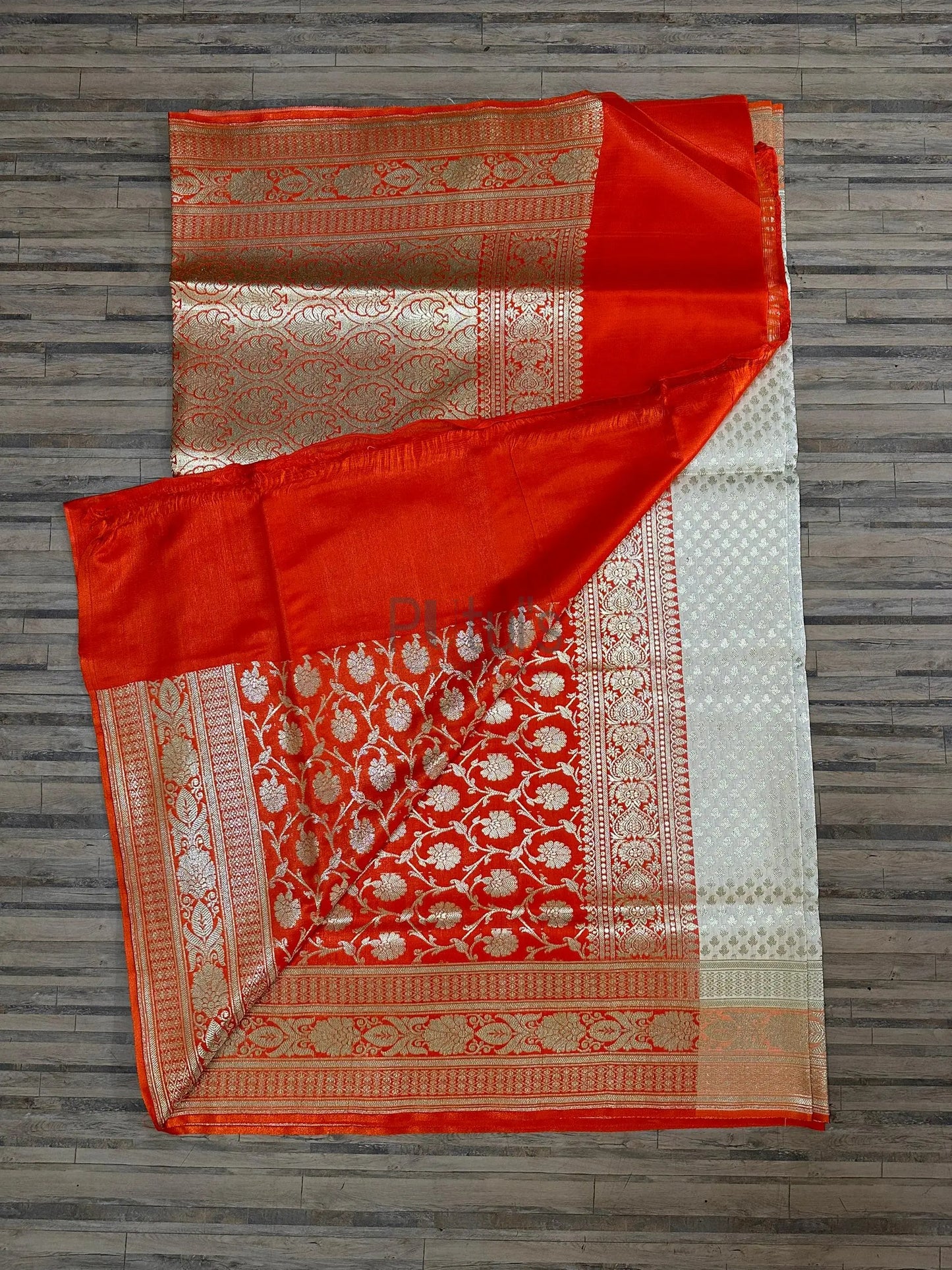 Banarasi katan silk white orange Putul's Fashion