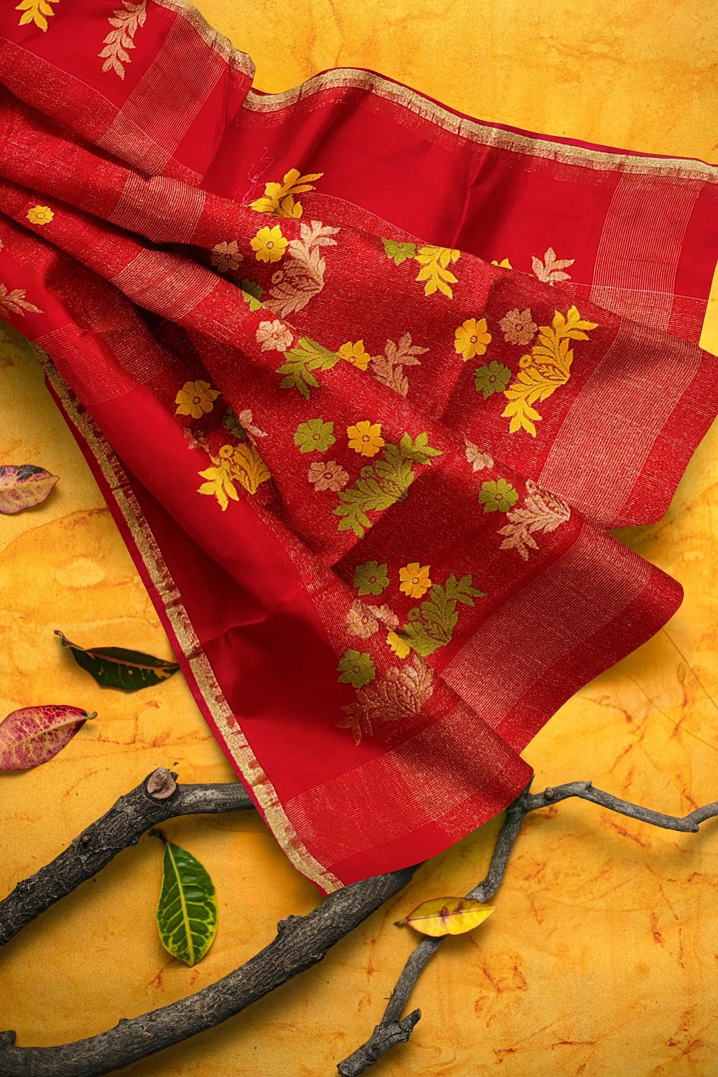 Red colour cotton Banarasi saree