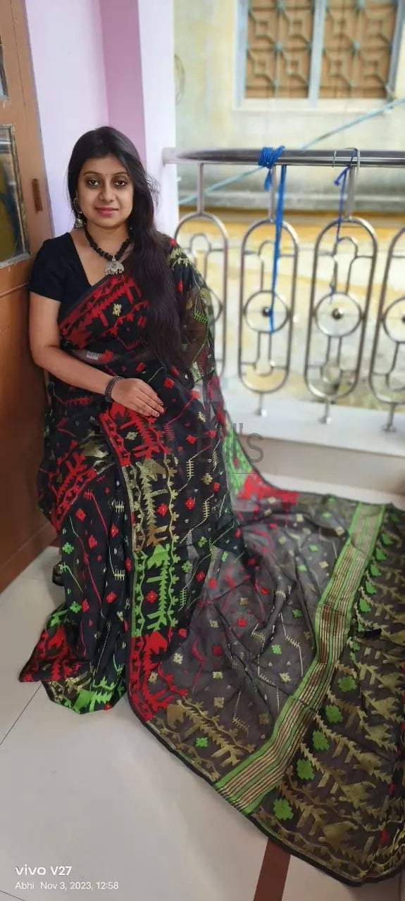 Bengal soft resam dhakai jamdani of black colour Putul's Fashion