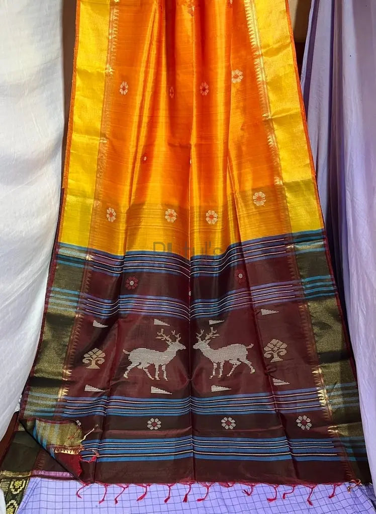 Silkmark Certified Pure Tussar Silk Embroidered Peach Saree with Embroidery  Colour Blouse (Tussar by Tussar)-Indiehaat – Indiehaat.com