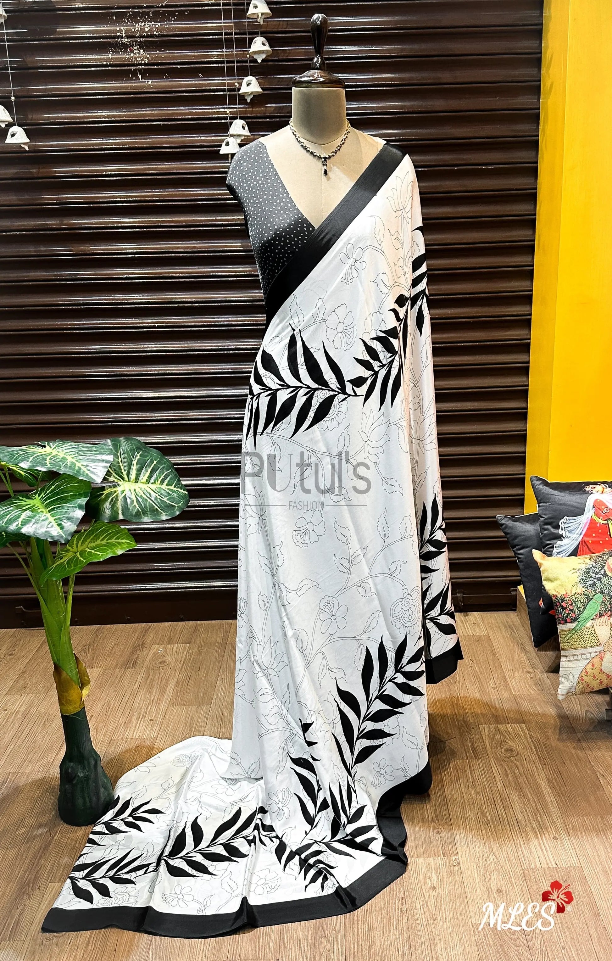 Black and white satin silk saree Putul's Fashion