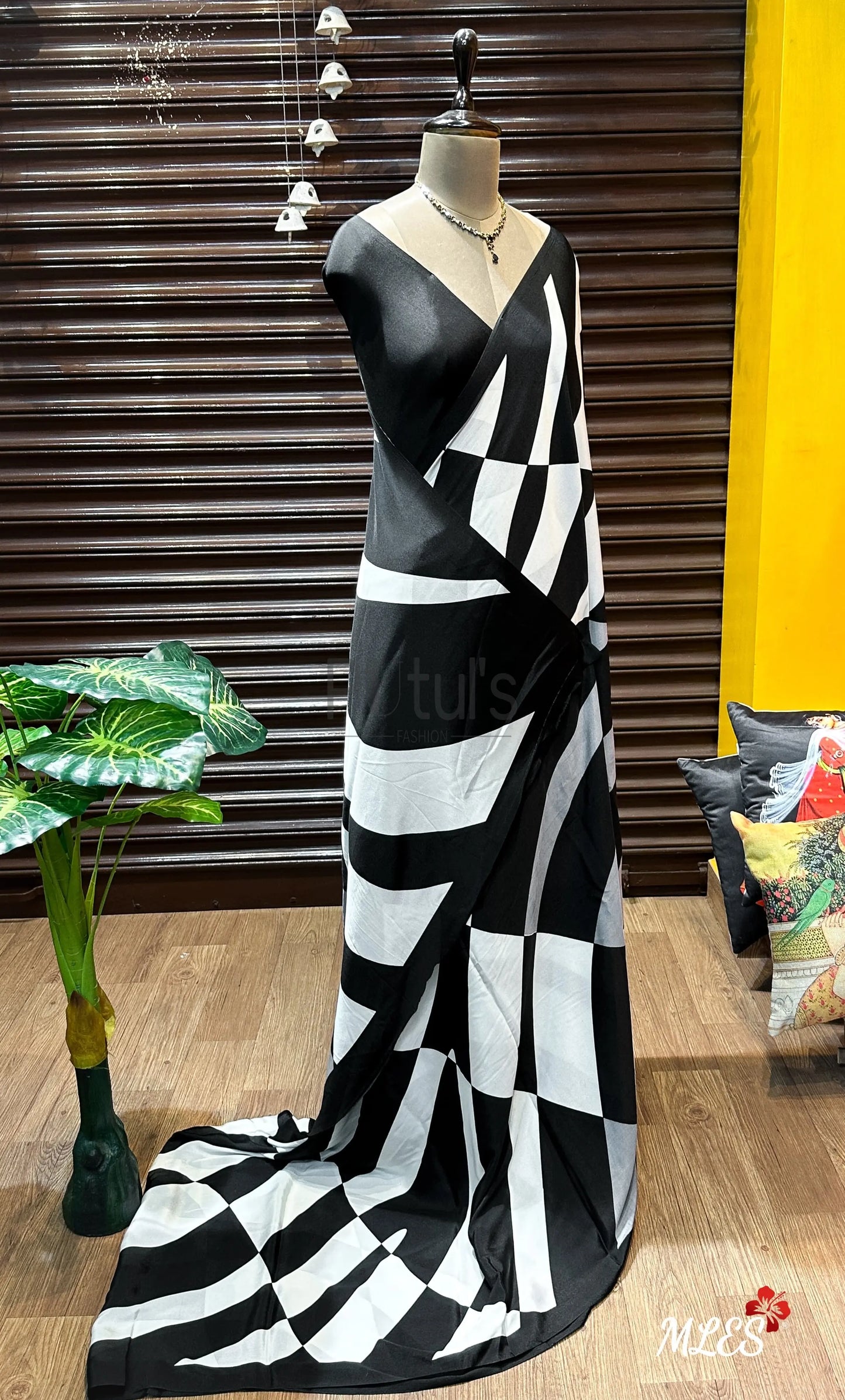 Black and white satin silk saree Putul's Fashion