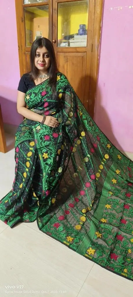 Black coloured Bengal soft dhakai jamdani saree of Bengal Putul's Fashion