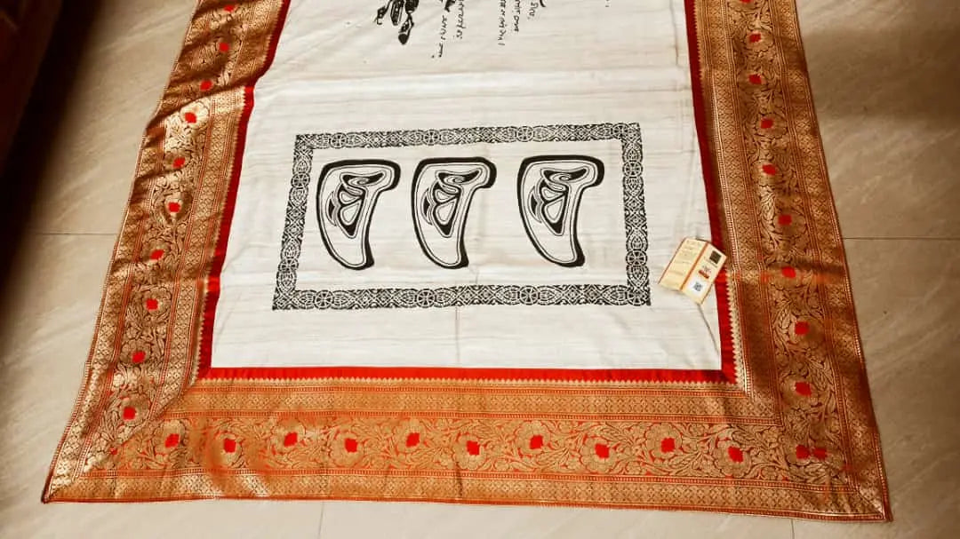 Block print scripts saree of kobiguru tussar silk My Store