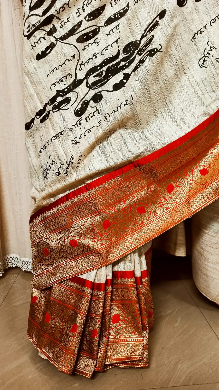 Block print scripts saree of kobiguru tussar silk My Store