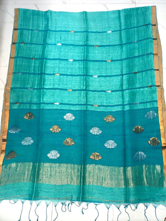 Resham bi linen jamdani saree with geometric zari borders